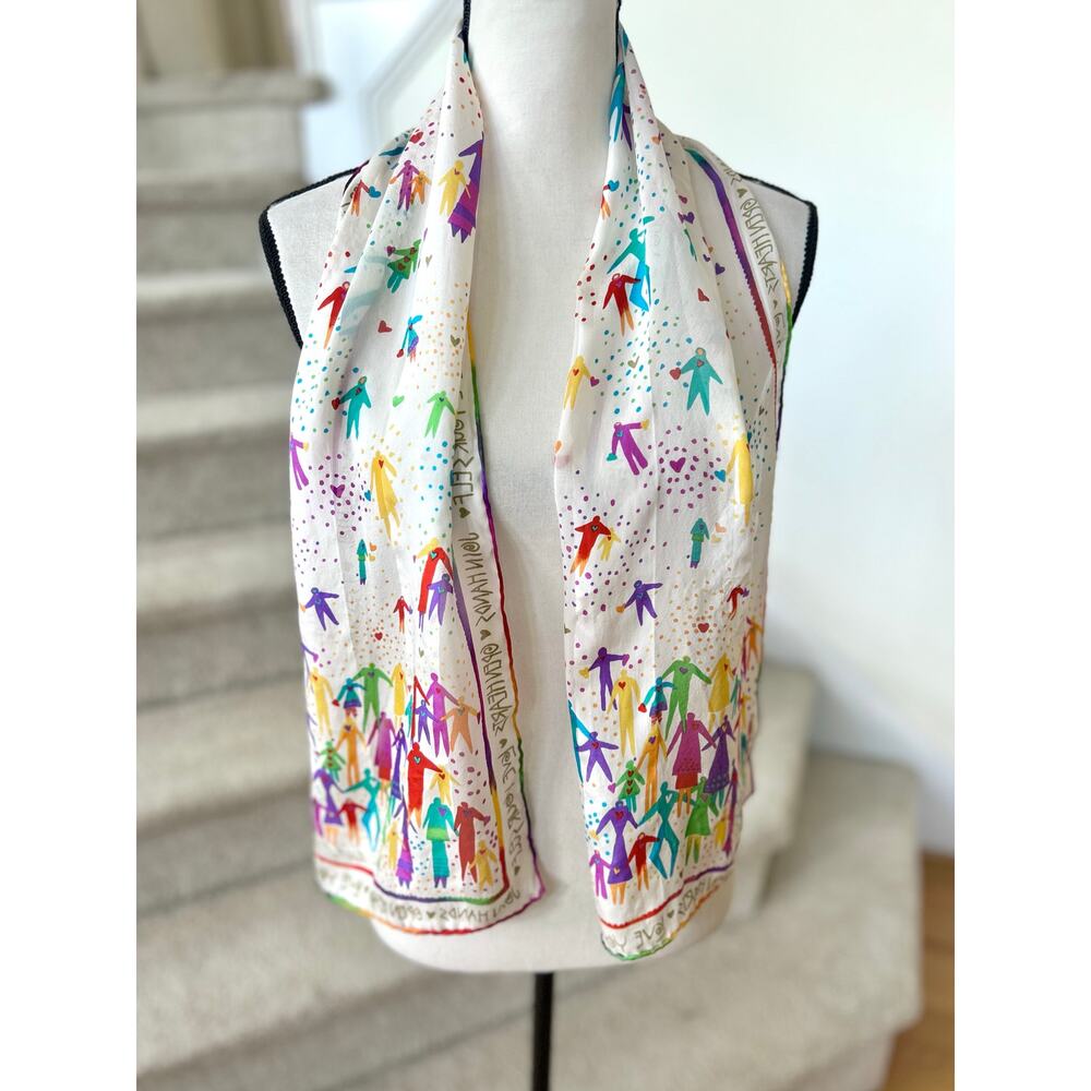 White Rainbow People Holding Join Hands Love Yourself Silk Scarf 90s Teacher